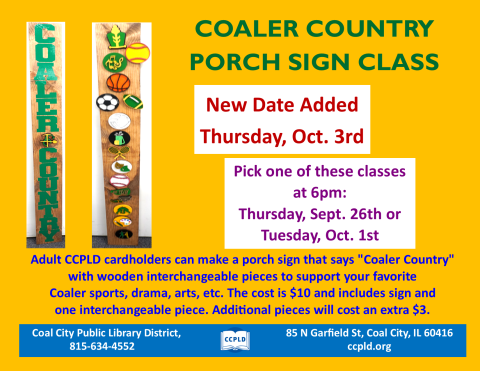 Coaler Country Porch Sign Class poster showing wooden board with Coaler Country and interchangeable pieces for sports, drama, arts, and more. 