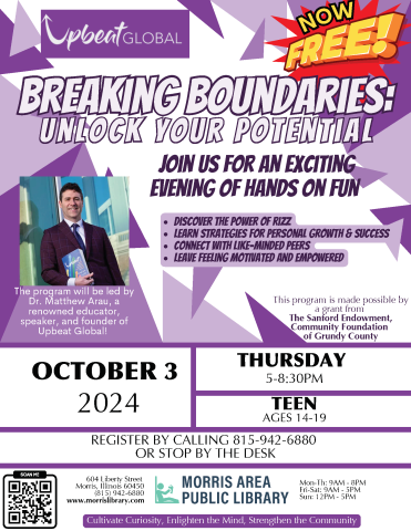 Breaking Boundaries Event at Morris Public Library District for teens ages 14-19 led by Dr. Matthew Arau