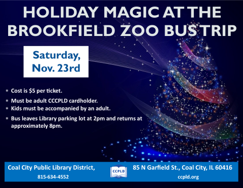 Holiday Magic at the Brookfield Zoo Bus Trip poster with large Christmas Tree with bright lights wrapping around it and flying off into the sky. 