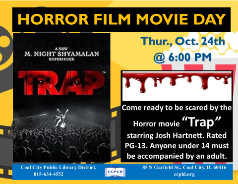 Horror Film Movie Day poster Trap showing Josh Hartnett's eyes that spell out the word trap with blood dripping down them