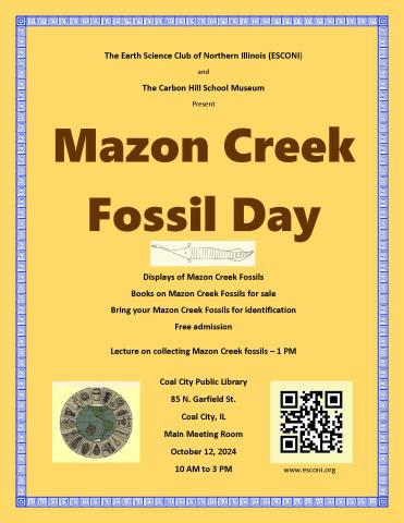 Mazon Creek Fossil Day Poster with information about event.