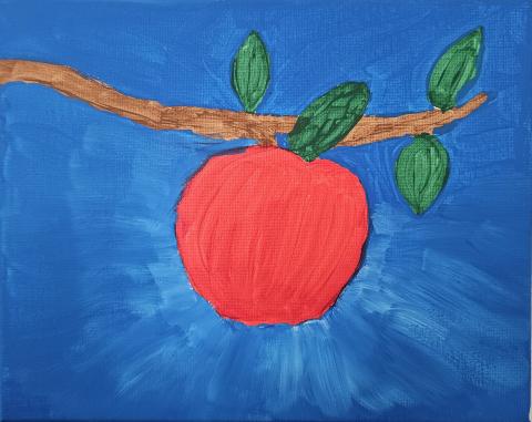 Mini Artists painting of a red apple hanging from a tree branch