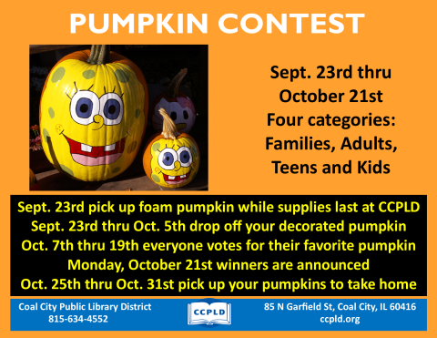 Pumpkin contest poster showing a painted Spongebob large and small painted pumpkin