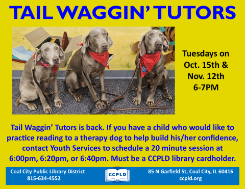 Tail Waggin' Tutors Poster with three therapy dogs