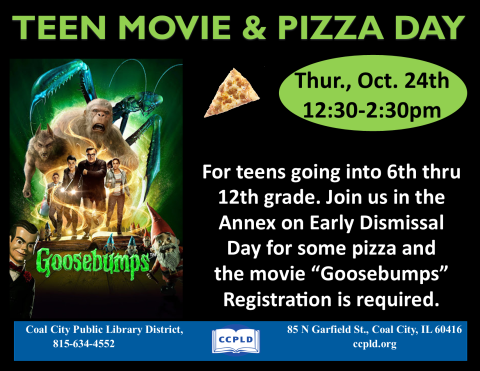 Teen Movie showing Goosebumps poster and slice of pizza