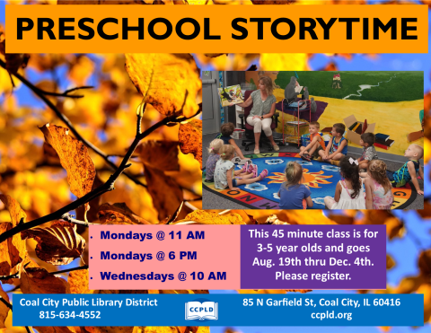 Preschool Storytime fall background with Ms. Rene reading to preschool children on a circular mat