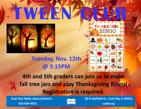 Tween Club poster with fall tree jars and Thanksgiving Bingo themed card