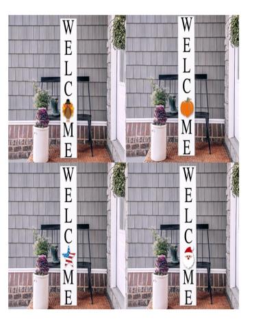 Welcome Porch Sign picture of four 2 x 4 signs that say welcome with interchangeable holiday and season pieces for the O in welcome