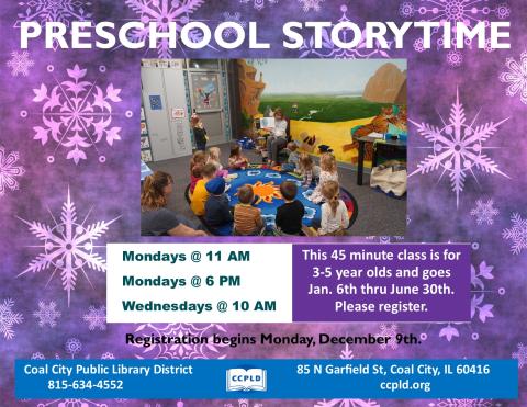 Preschool Storytime winter background with Ms. Rene reading to preschoolers children on a circular mat