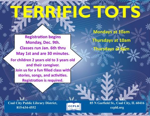 Terrific Tots poster with snowflakes background and dates of event