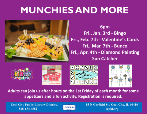 Munchies and More with appetizers, bingo, valentines cards, Bunco and sun catchers