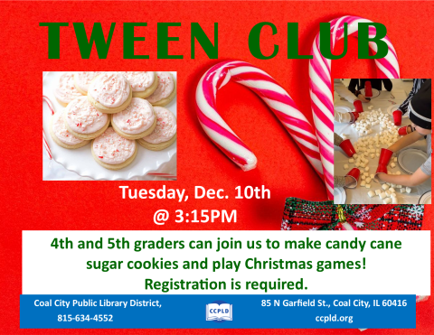 Tween Club poster with candy cane sugar cookies on it