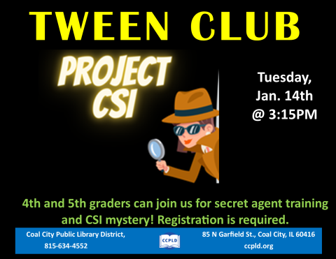 Tween Club poster with Woman in trench coat and hat with words Project CSI