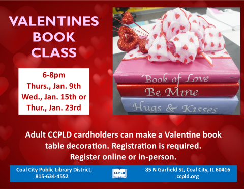 Valentines Book Class Poster with sample of three books with valentines ribbon and decor 