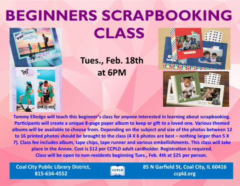 Beginning Scrapbooking Class Poster showing various family pictures in scrapbook style