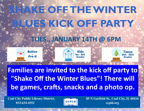 Shake Off the Winter Blues Kick Off Party flyer with 3 snow globes