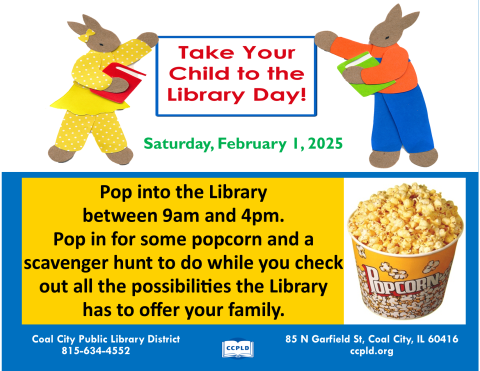 Take Your Child to the Library with two rabbits holding a sign and a popcorn bowl