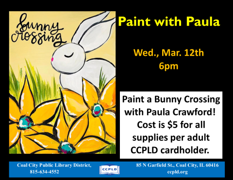 Paint with Paula painting showing a bunny in yellow flowers