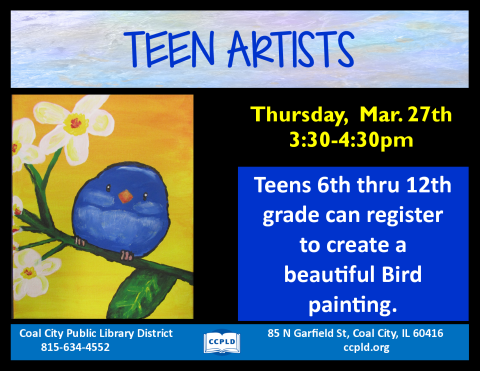 Teen Artists poster showing a blue bird on a flower plant