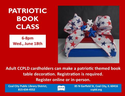Patriotic book decoration with red white and blue books and a white bow with blue and red stars on it