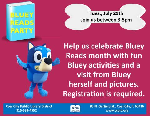 Bluey the dog poster with date July 29 in a dog bone for Bluey Reads Party