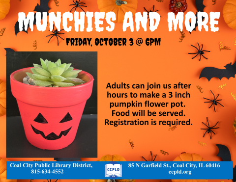 Munchies and More poster with a 3 inch pumpkin painted flower pot