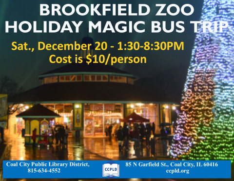 Brookfield Zoo Holiday Magic with picture of zoo's large 50 foot tree lit up and trees along sides