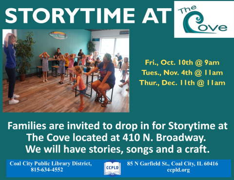 Storytime at Cove Poster with Miss Renee and kids at the Cove