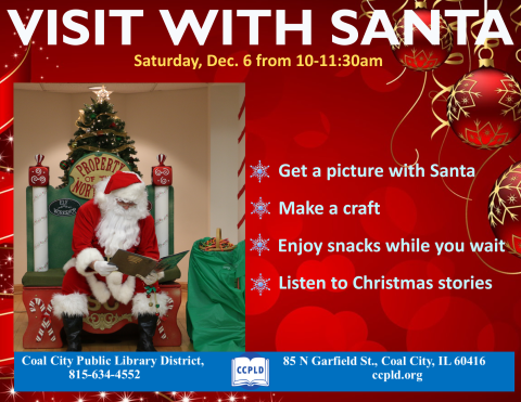 Visit with Santa poster with Santa sitting in a big chair and reading a book with a Christmas tree behind him