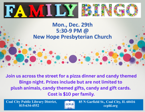 Words Family Bingo with variety of dots in shapes, sizes and colors going from big to small to big again in the middle of the page