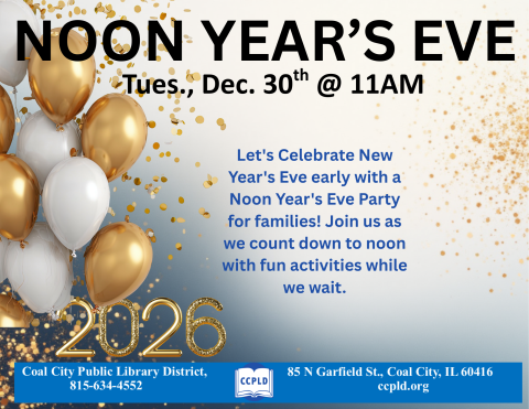 Poster with Noon Year's Eve and white and gold balloons and confetti