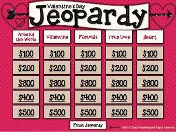 Valentine's Day Jeopardy Board showing categories and amounts to select