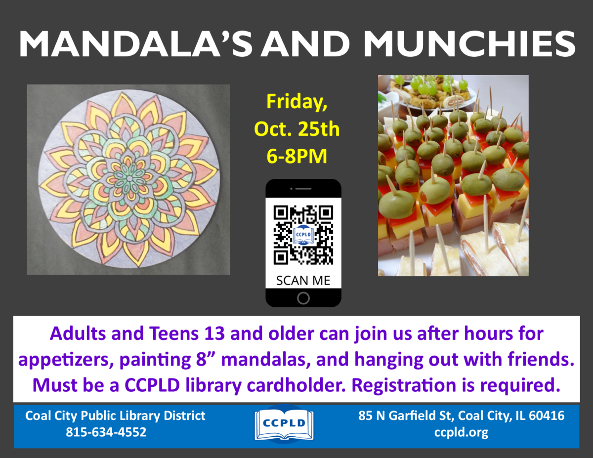 Mandalas and Munchies poster showing painted 8" round mandala and appetizers