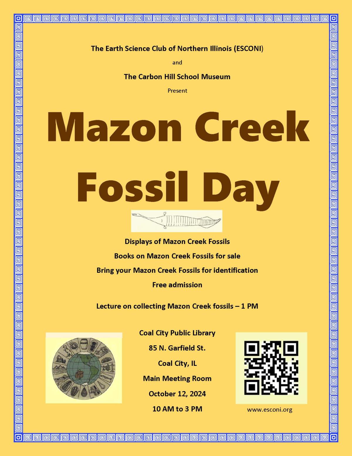 Mazon Creek Fossil Day Poster with information about event.