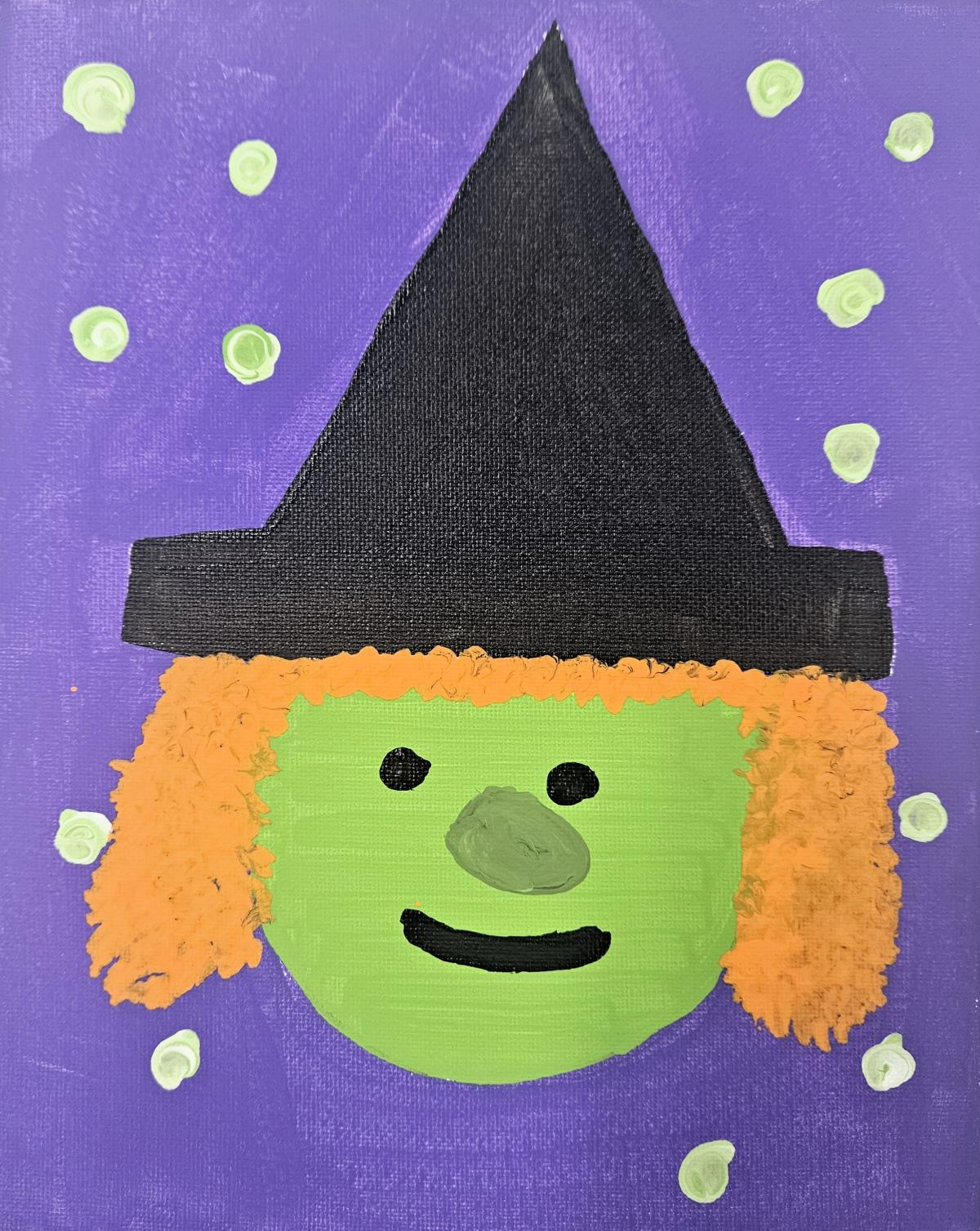 Mini Artists painting of a green witch with curly orange hair and black pointed hat, purple background with green dots.