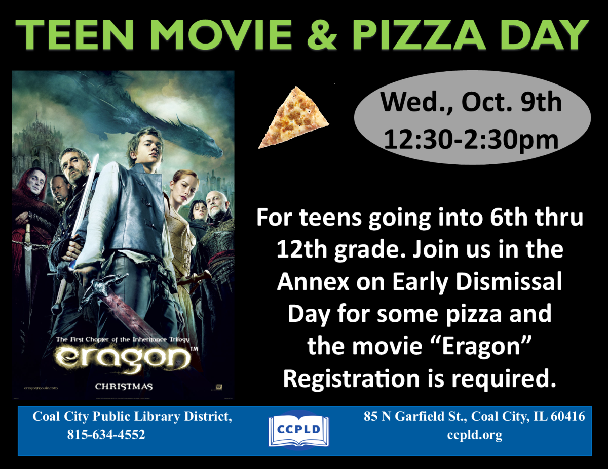 Teen Pizza and a Movie Poster of Eragon showing characters from movie with dragon in the background and slice of pizza