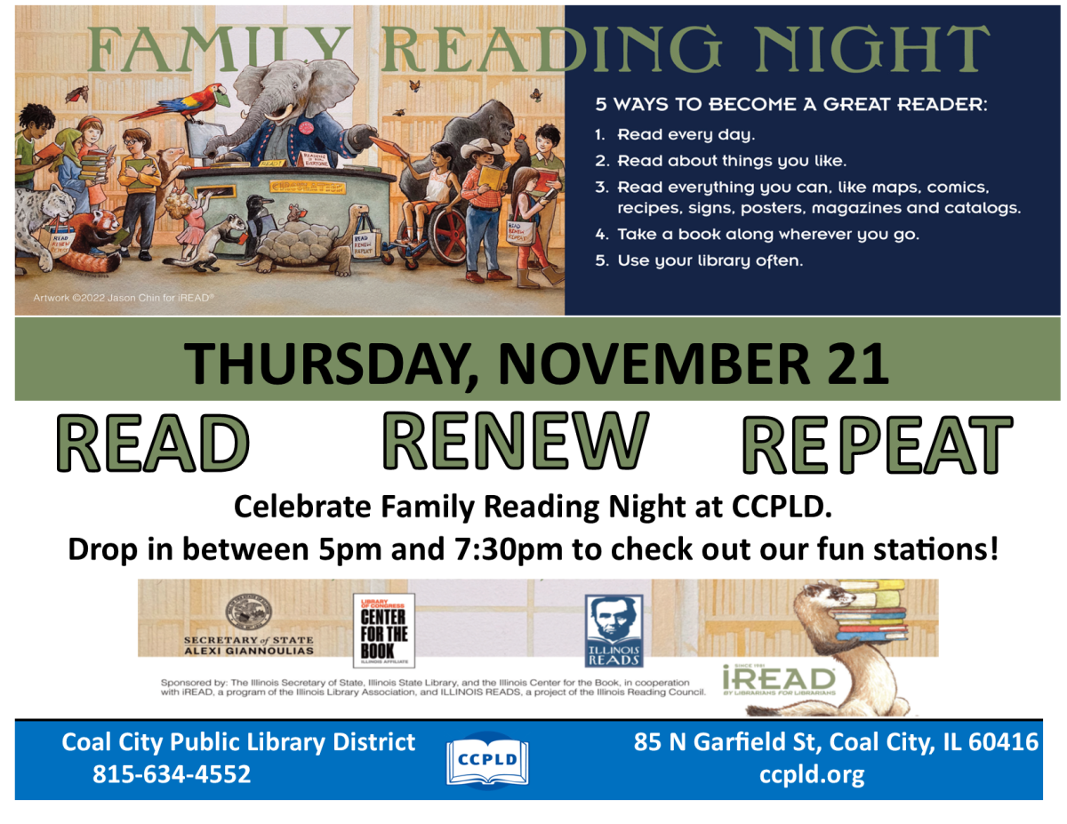 Family Reading Night Poster with kids and animals reading