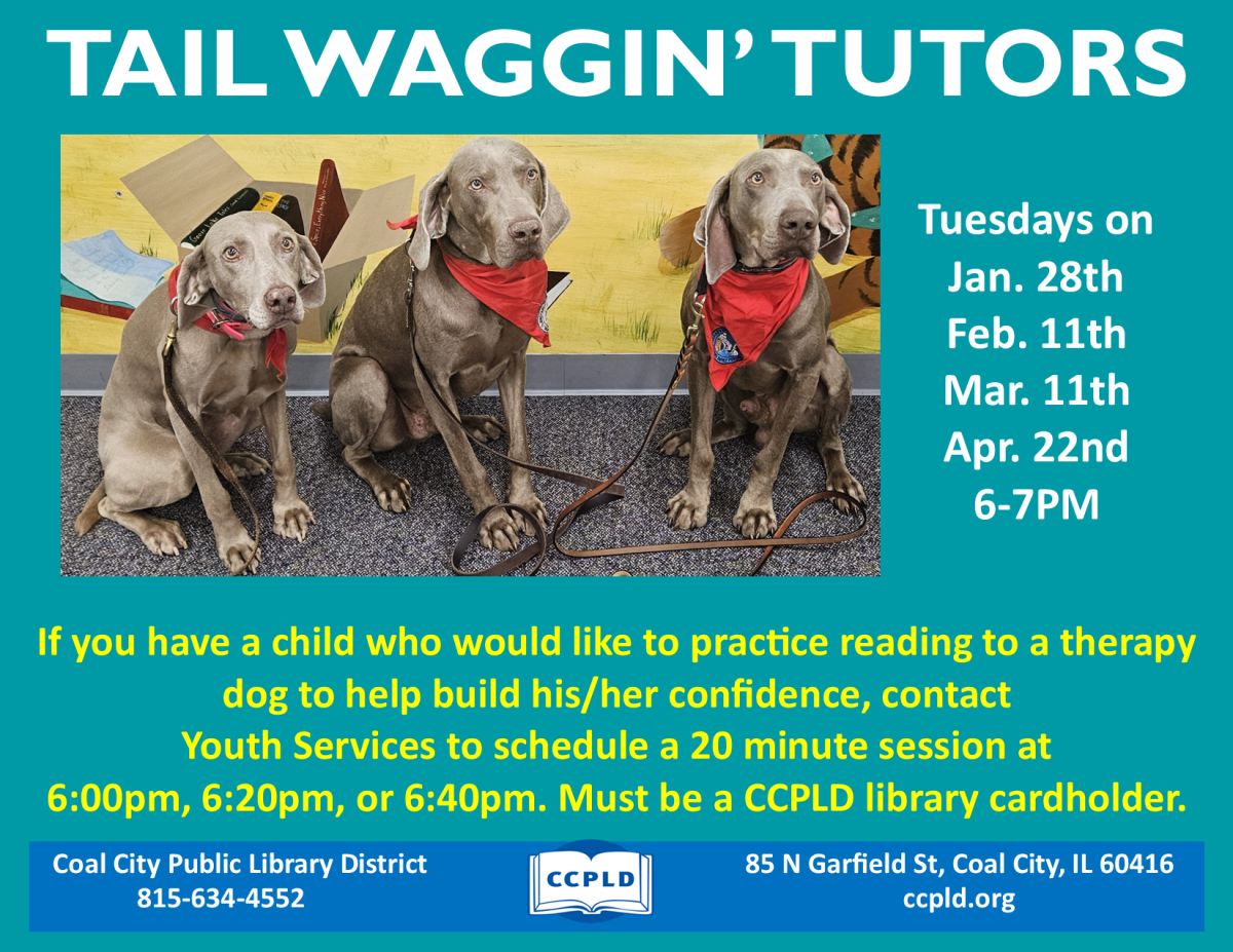 Tail Waggin' Tutors Poster with three therapy dogs that are chocolate labs