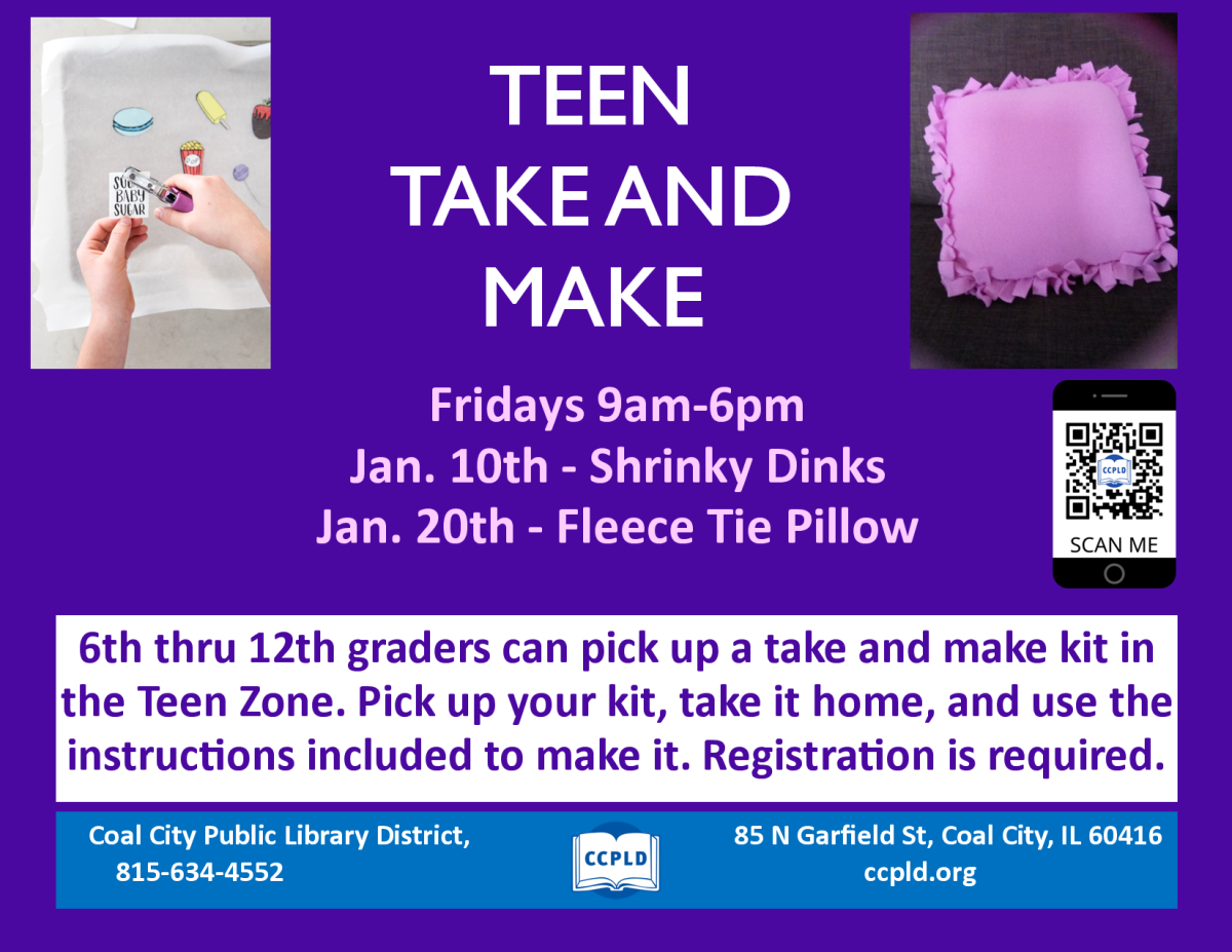 Teen Take and Make picture of Shrinky Dinks and Fleece Tie Pillow with QR Code to register