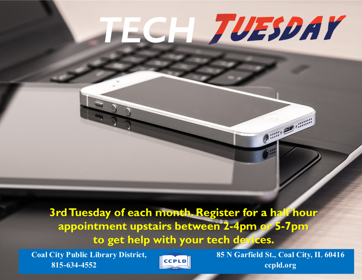 Tech Tuesdays flyer with laptop, ipad and phone
