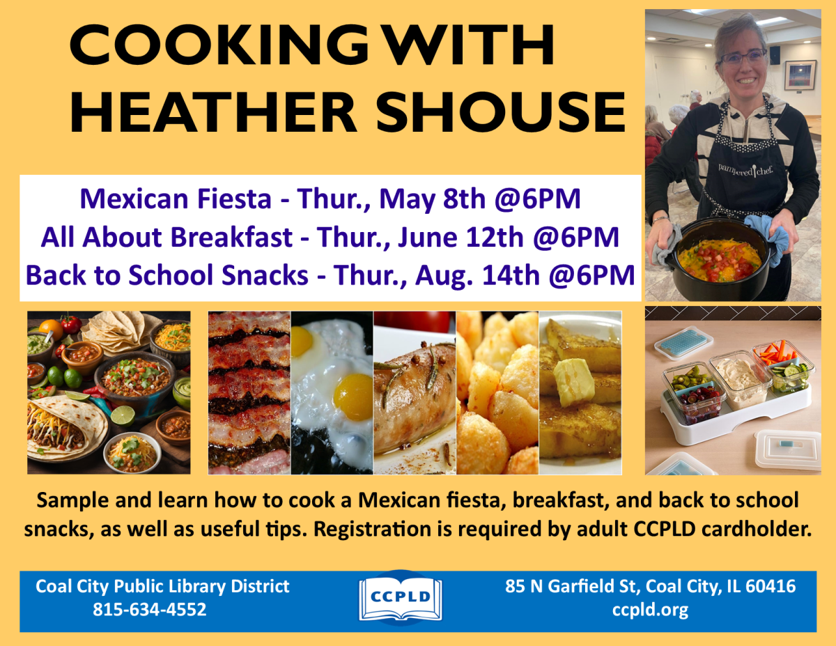 Cooking with Heather poster showing Mexican food, breakfast food and snacks