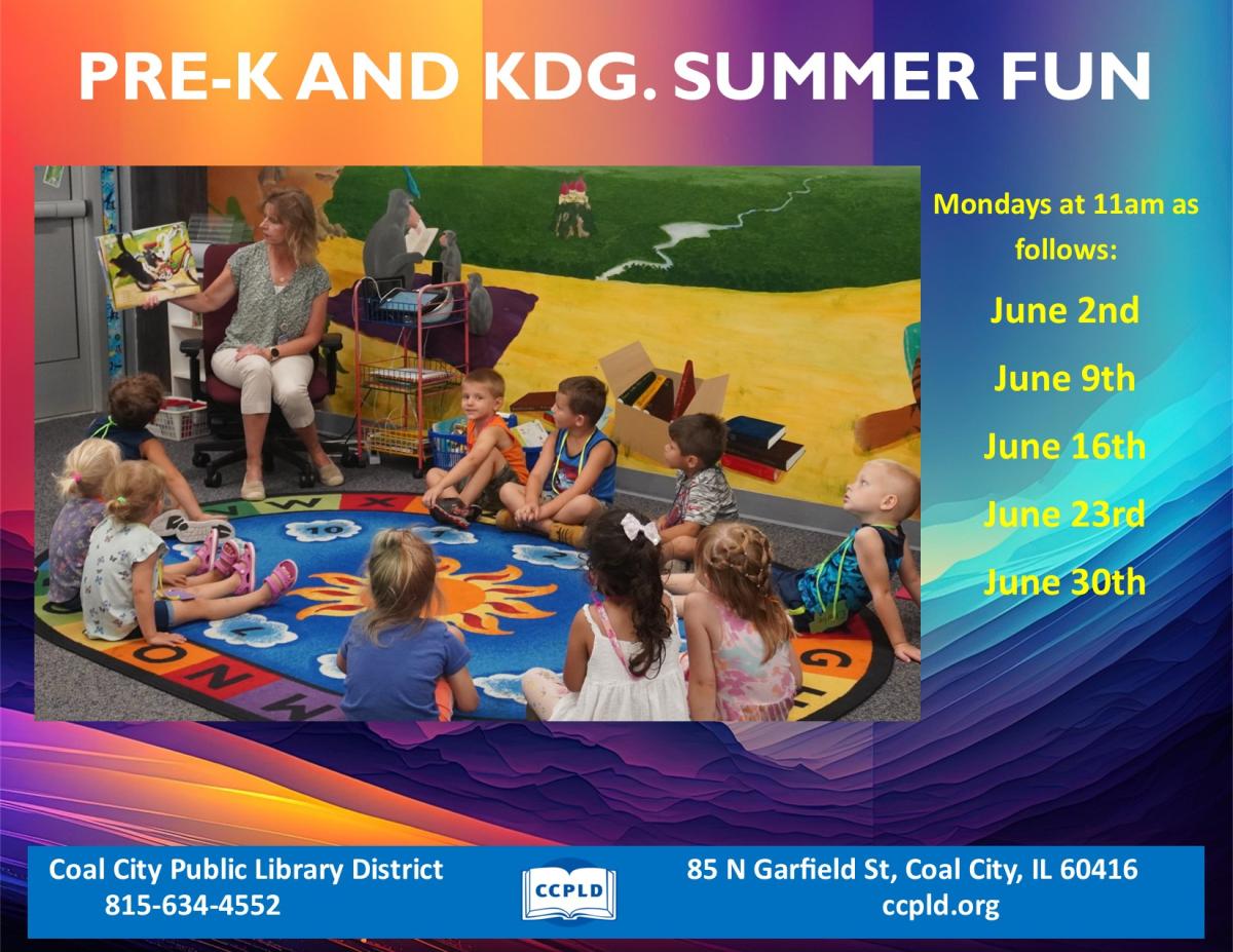 Pre-K and Kdg Summer Fun poster with picture of Miss Rene reading a book to kids