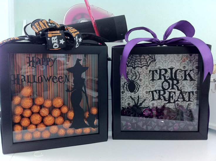 Halloween Shadow Boxes with black shadow witch on one and spiders and webs on the other