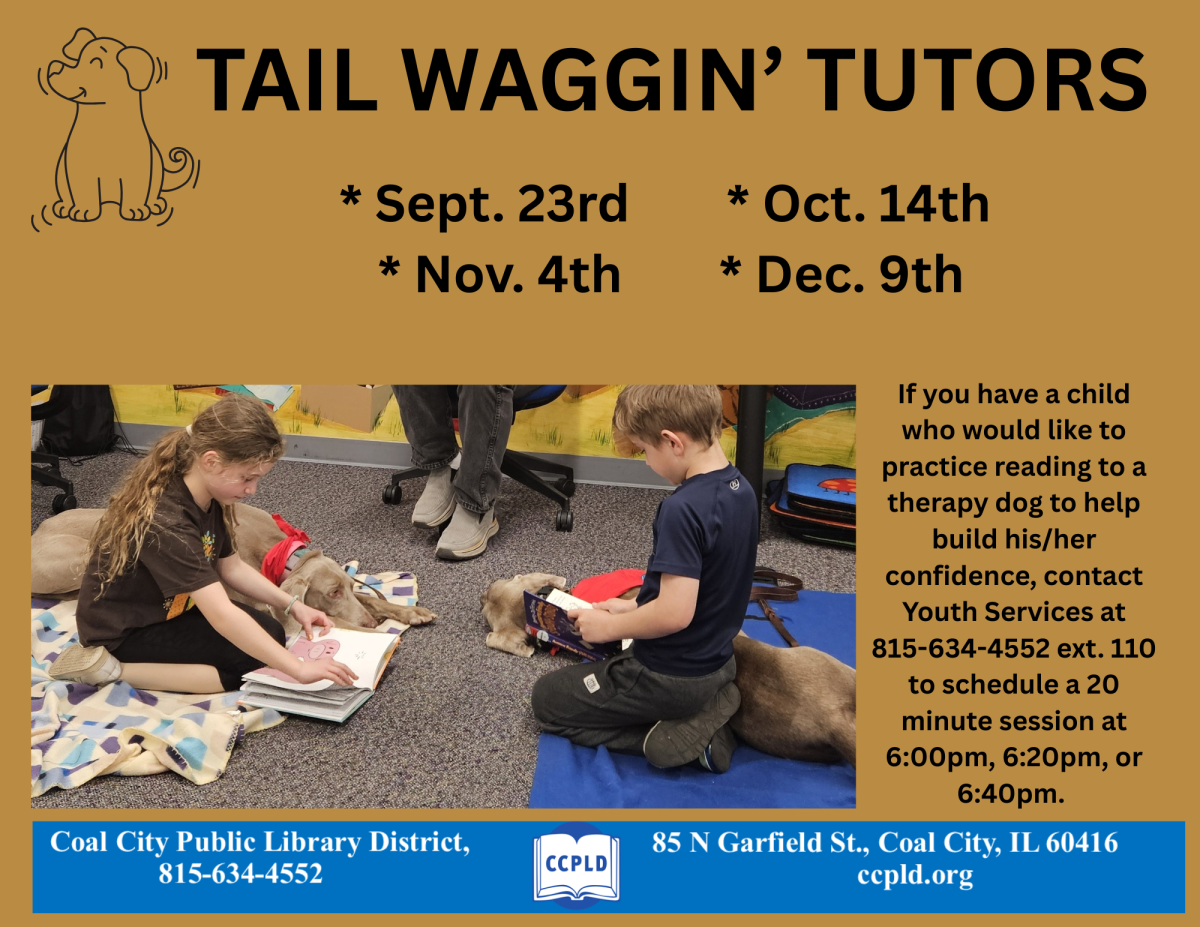 Tail Waggin Tutors Poster with two children reading to two separate dogs